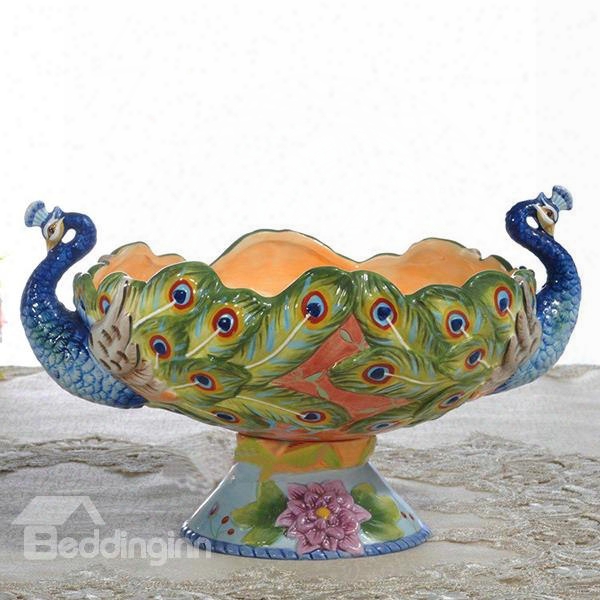 Gorgeous Ceramic Two Peacock Heads Fruit Plate Painted Pottery