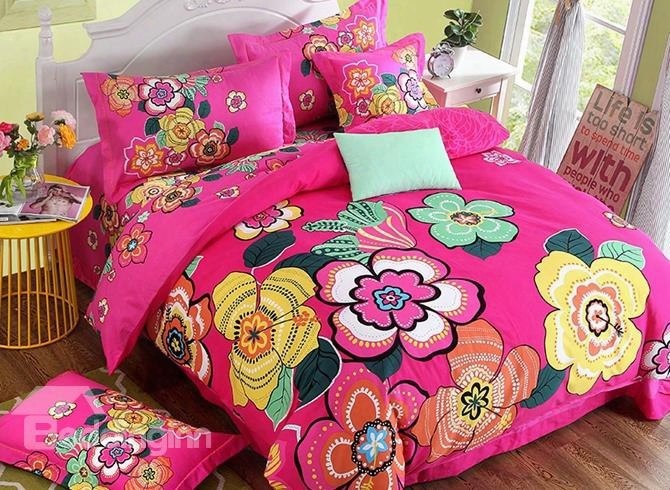 Gorgeous Colorful Floral Print 4-piece Cotton Duvet Cover Sets