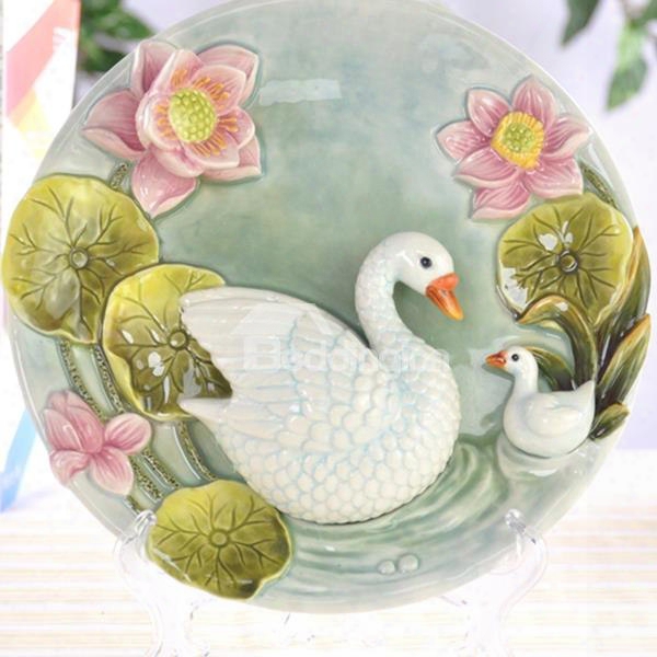 Green Ceramic Swan And Lotus Pattern Desktop Decoration Painted Pottery