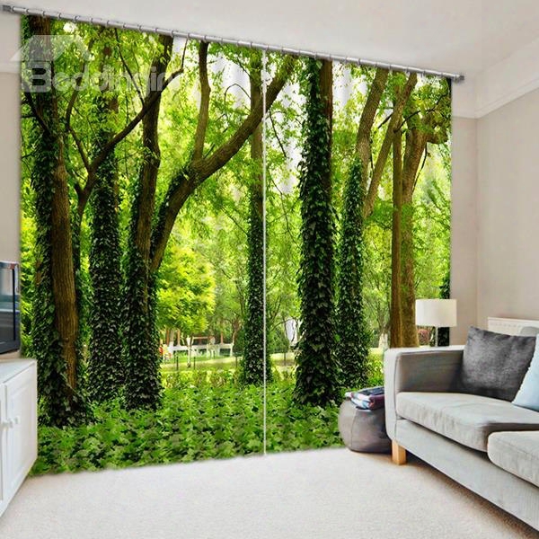 Green Trees Printed Pastoral And Fresh Style Window Decorative Custom 3d Curtain