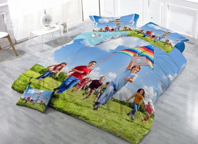 Kite Flying Digital Printing Satin Drill 4-piece Duvet Cover Sets