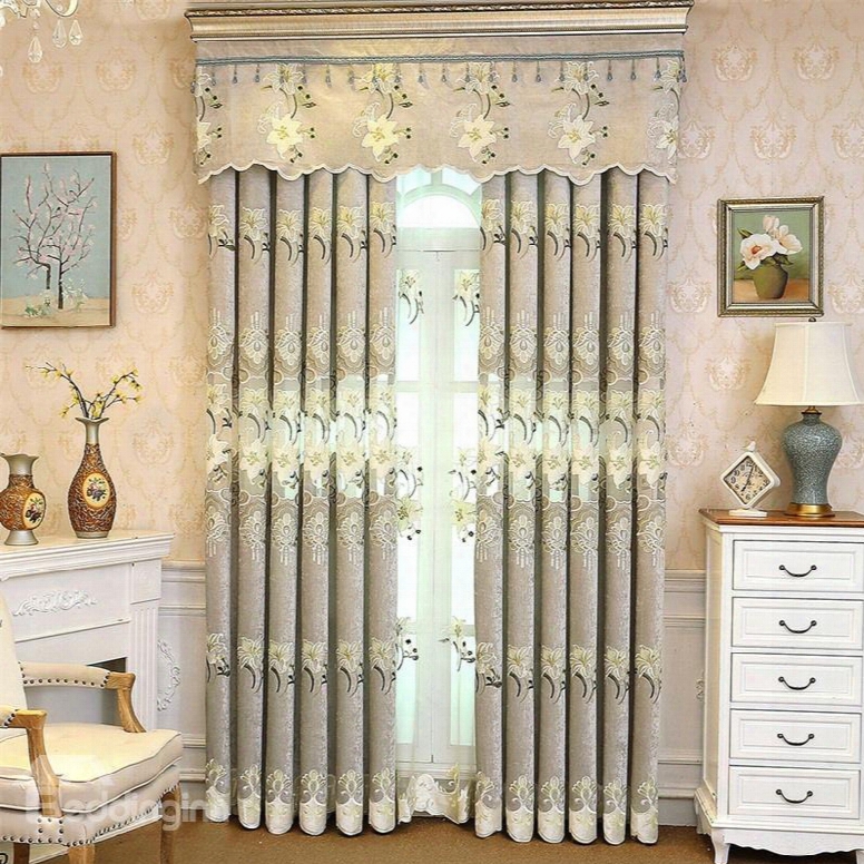 Light Green Chenille Materials Embroidered Flowers Living Room And Bedroom Curtain