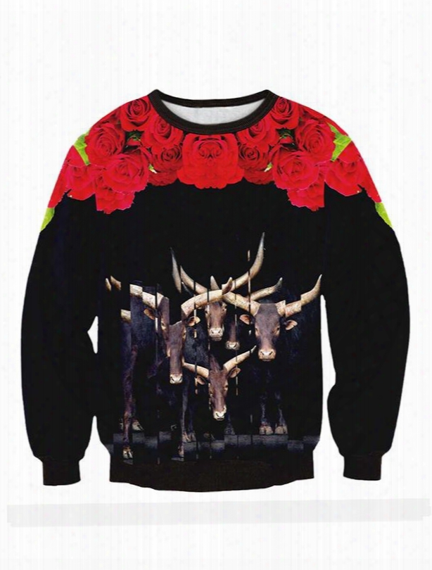 Long Sleeve Cattle And Roses Pattern 3d Painted Hoodie