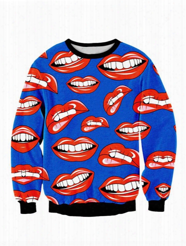 Lengthy Sleeve Lips Pattern Blue 3d Painted Hoodie