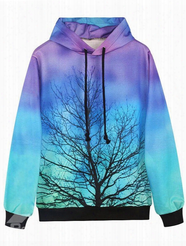 Long Sleeve Tree Pattern Multicolor Background Pocket 3d Painted Hoodie