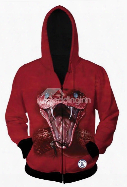 Long Sleeve Zip-front Cobra Pattern 3d Painted Hoodie