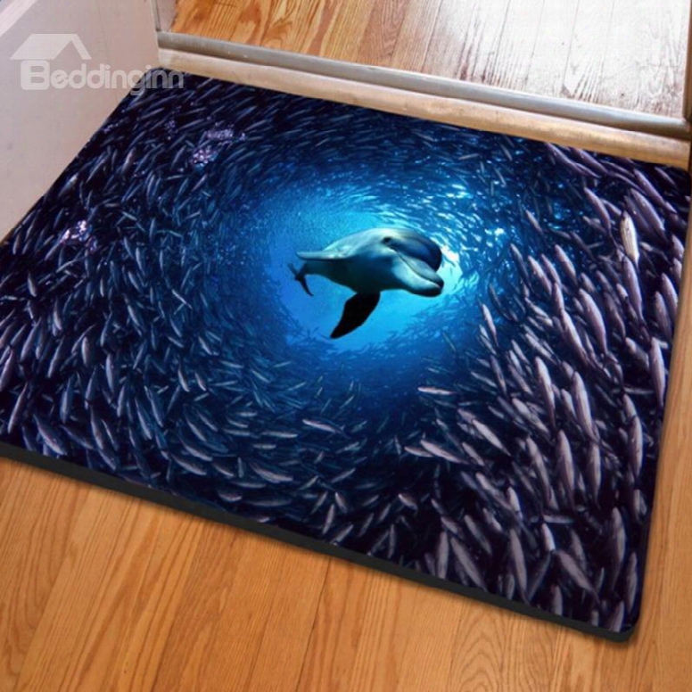 Lovely Blue Dolphin And Fish In The Sea Print Home Decorative Non Slip Doormat
