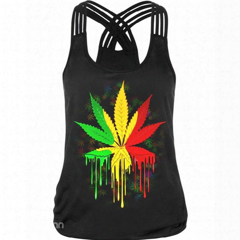 Maple Leaf Color Mix 3d Pattern Round Neck Sleeveless Vest Tank Top