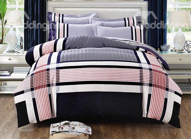 Neutral Style Stripe Print 4-piece Cotton Duvet Cover Sets
