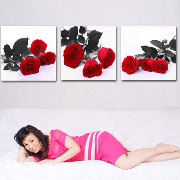 New Arrival Romantic Red Love Roses Print 3-piece Cross Film Wall Art Prints