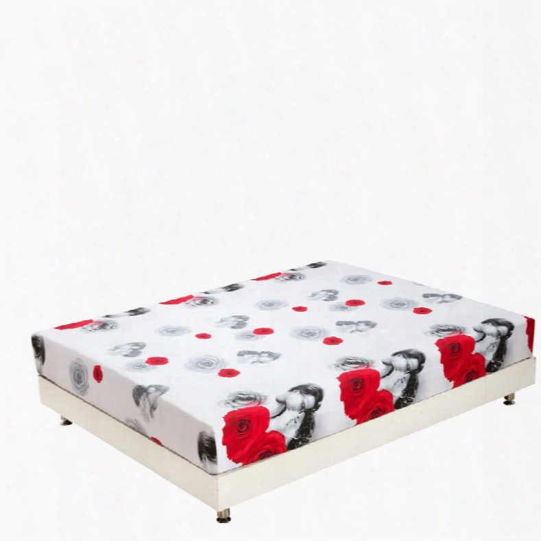 New Arrival Romantic Red Roses And Loving Couple Print 3d Fitted Sheet