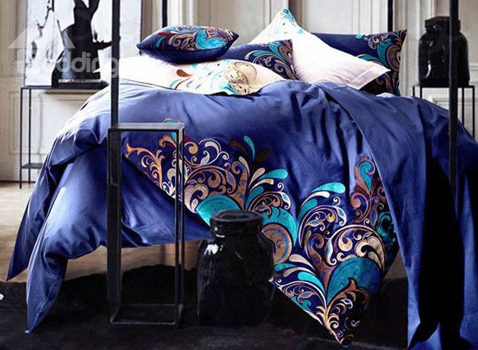 Noble Elegant Embroidery Blue 4-piece Cotton Bedding Sets