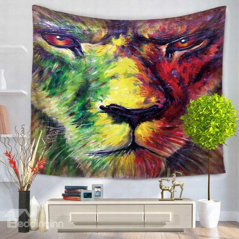 Oil Painting Angry Lion Pattern Decorative Hanging Wall Tapestry