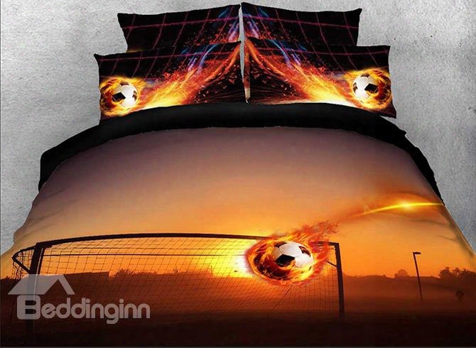 Onlwe 3d Fiery Soccer Ball And Goal Printed Cotton 4-piece Bedding Sets