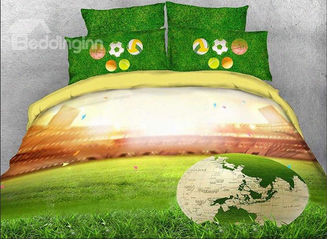 Onlwe 3d World Map Soccer On The Green Field Printed 4-piece Bedding Sets