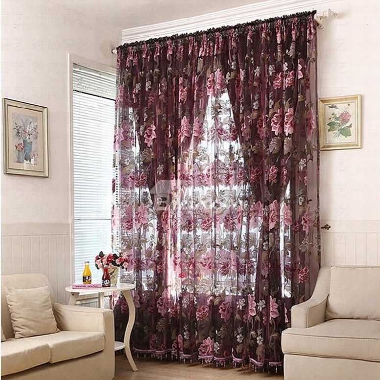Ornate Peony Printing Custom Sheer Curtain