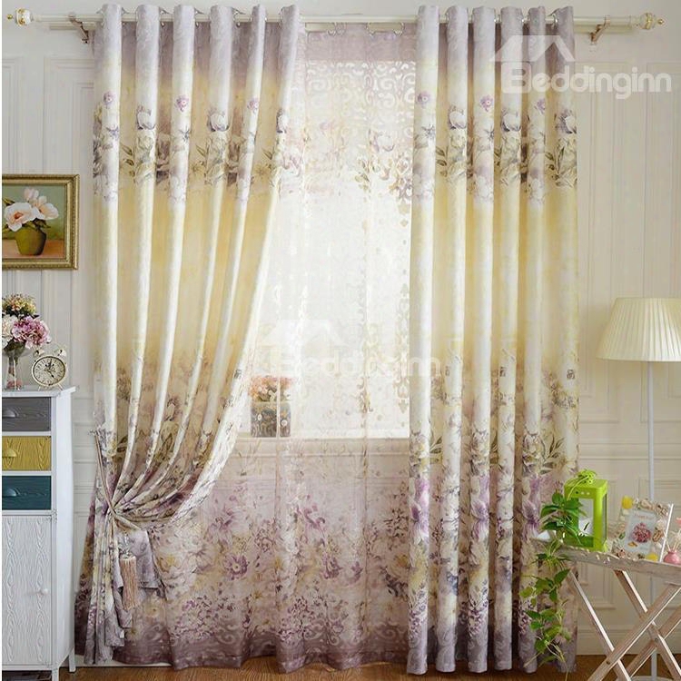 Ministerial Style Floral Printi Ng Grey Jacquard Grommet Top Curtain