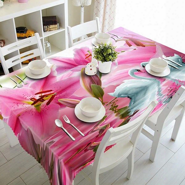 Pink Lily Flowers And Swans Pattern 3d Tablecloth