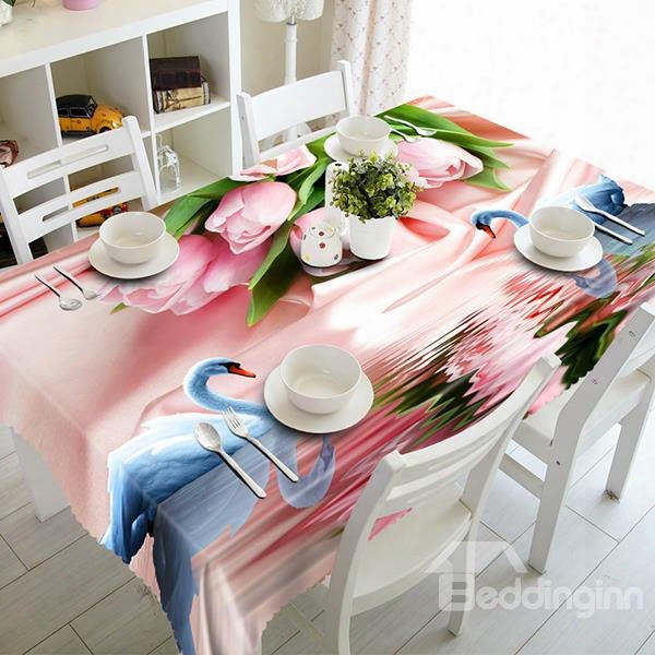 Pink Romantic Flowers And Swans Pattern 3d Tablecloth