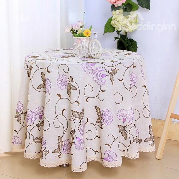 Purple Round Polyester Flower Pattern Washable Dining Tablecloth