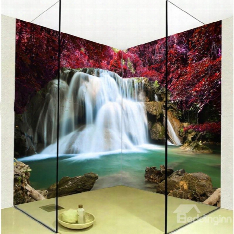 Realistic Intermountain Maple Leaves And Waterfalls Waterproof 3d Bathroom Wall Murals