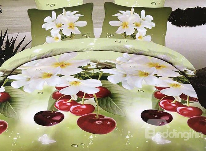 Refreshing White Flowers And Cherry Print 4-piece Polyester Duvet Cover