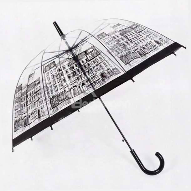 Retro Sthle Building Sketch Print Transparent Water-proof Umbrella