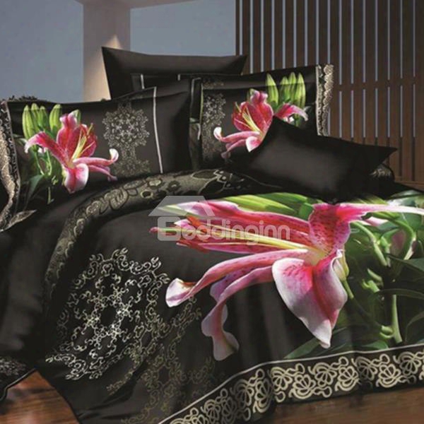 Romantic Pink Lily Print 4-piece Polyester 2-piece Pillow Cases