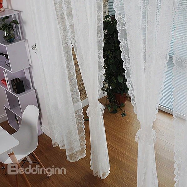 Romantic White Lace Deviate Curtain With Waves Border