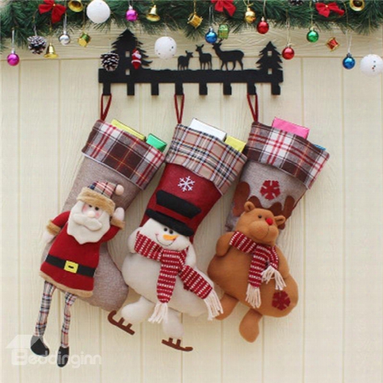 Santa Deer And Snowman Shaped Classic Non-woven Fabric And Wool Red Christmas Stocking