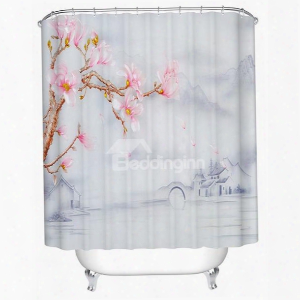 Simple And Elegant Pink Flowers Print 3d Bathroom Shower Curtain