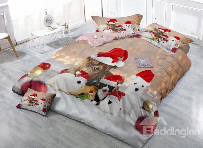 Small Animals With Christmas Hat Print Satin Drill 4-piece Duvet Cover Sets