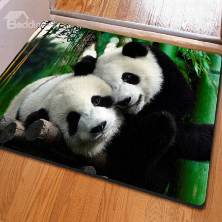 Special Design Rectangle Two Cute Pandas Print Non Slip Doormat