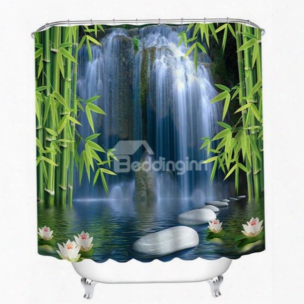 Spectacular Waterfall And Bamboos Print 3d Bathroom Shower Curtain