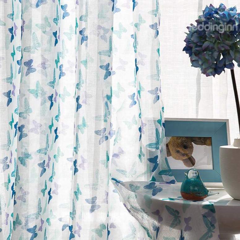 Super Cute Colored Butterfly Printing Custom Sheer Curtain