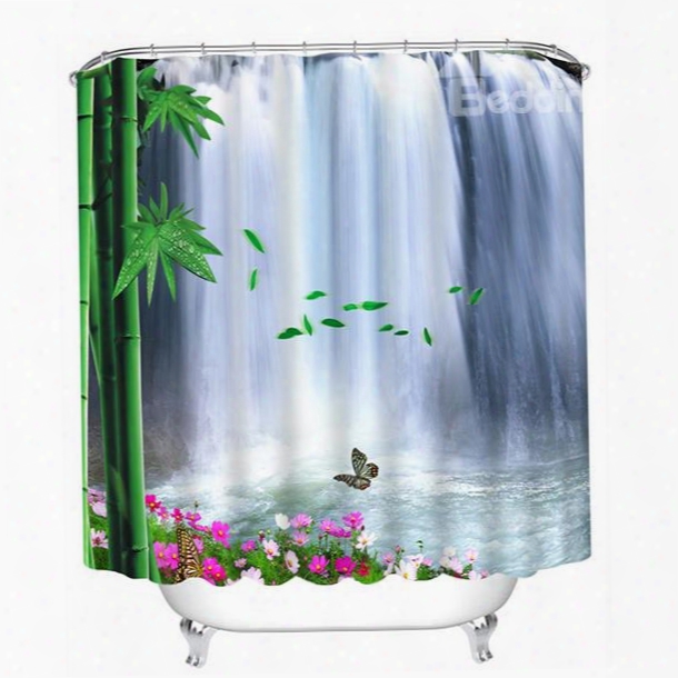 The Beautiful Waterfall And Green Bamboo Print 3d Bathroom Shower Curtain