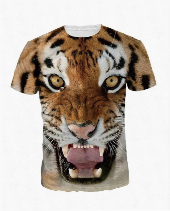 Tiger Face Pattern Spandex Comfortable Popular Round Neck 3d Painted T-shirt