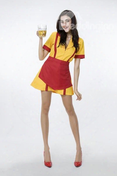 Two Broke Girls In Special Yellow Work Uniforms With Beer Cosplay Costumes