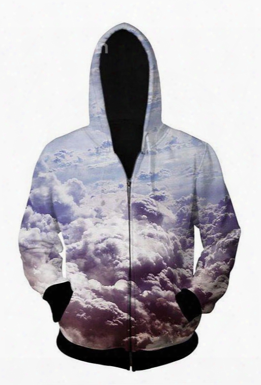 Unique Long Sleeve Zip-front Cloud Pattern 3d Painted Hoodie