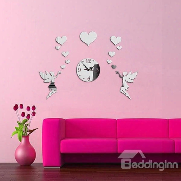 Warm Two Beautiful Fairies And Hearts Decoration Design Room Silent Wall Clock