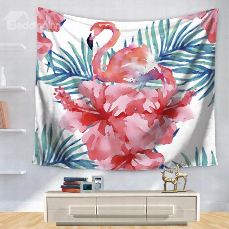 Watercolor Elegant Pink Flamingo With Flowers And Leaves Pattern Decorative Hanging Wall Tapestry
