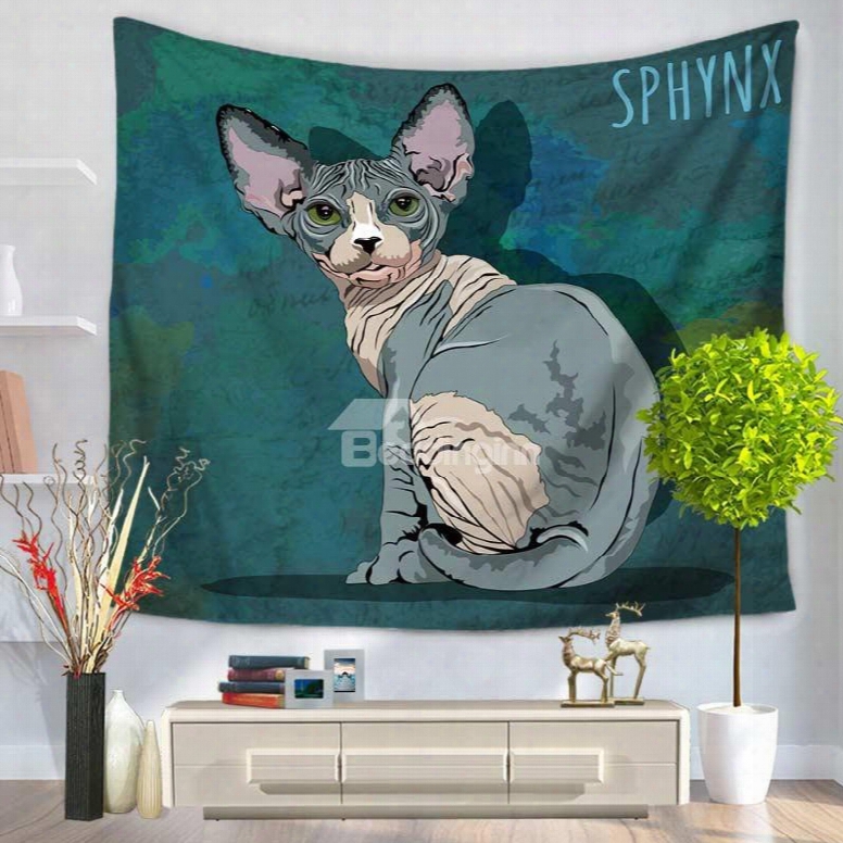 Watercolor Sphynx Cat With Big Ears  Pattern Green Decorative Hanging Wall Tapestry