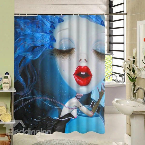 Weird Cartoon Girl With Red Lip Printing 3d Waterproof Shower Curtain