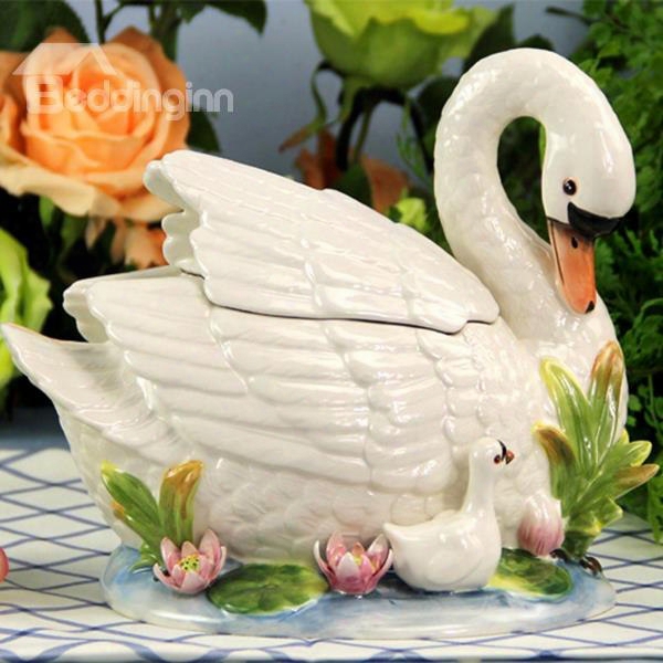 White Ceramic Swan Candy Jar Painted Pottery