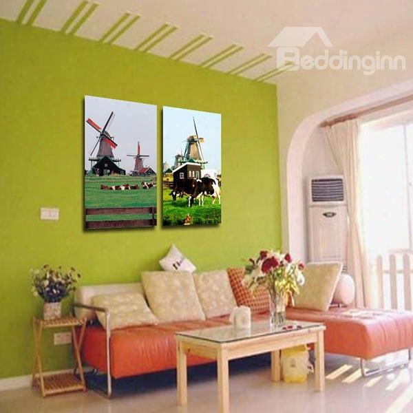 Windmills And Cows Pattern 2-piece Canvas Waterproof And Environmental Framed Prints