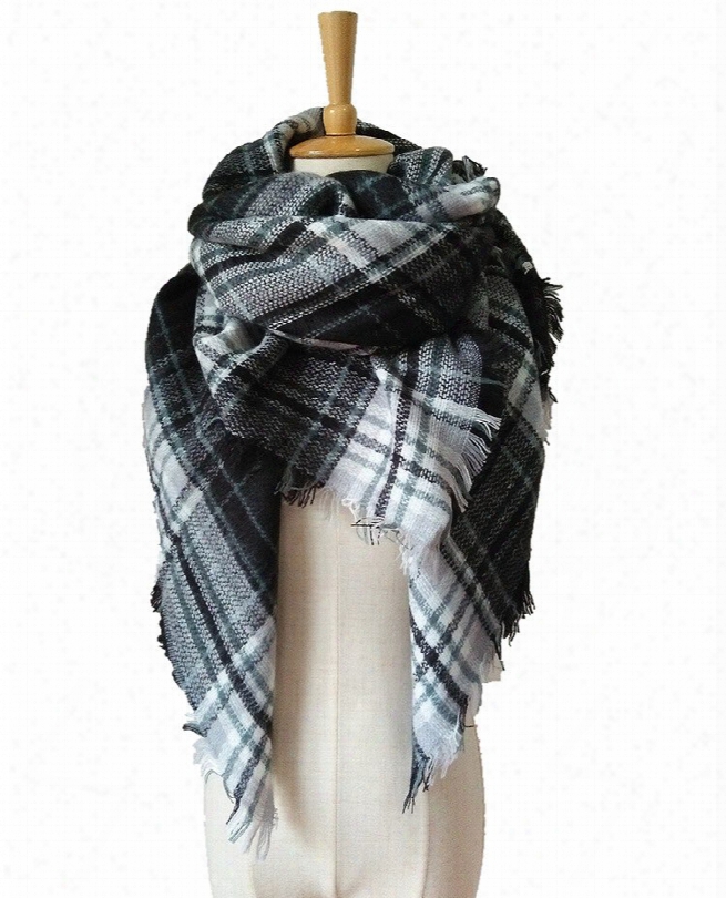 Women's Cozy Plaid Blanket Scarf Warm Cashmere Tartan Wrap Shawl Square Scarves