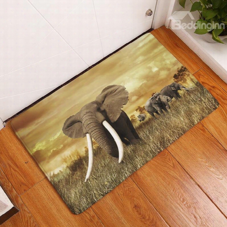 16␔24in Elephants And Yellow Sunset Flannel Water Absorption Soft And Nonslip Bath Rug/mat