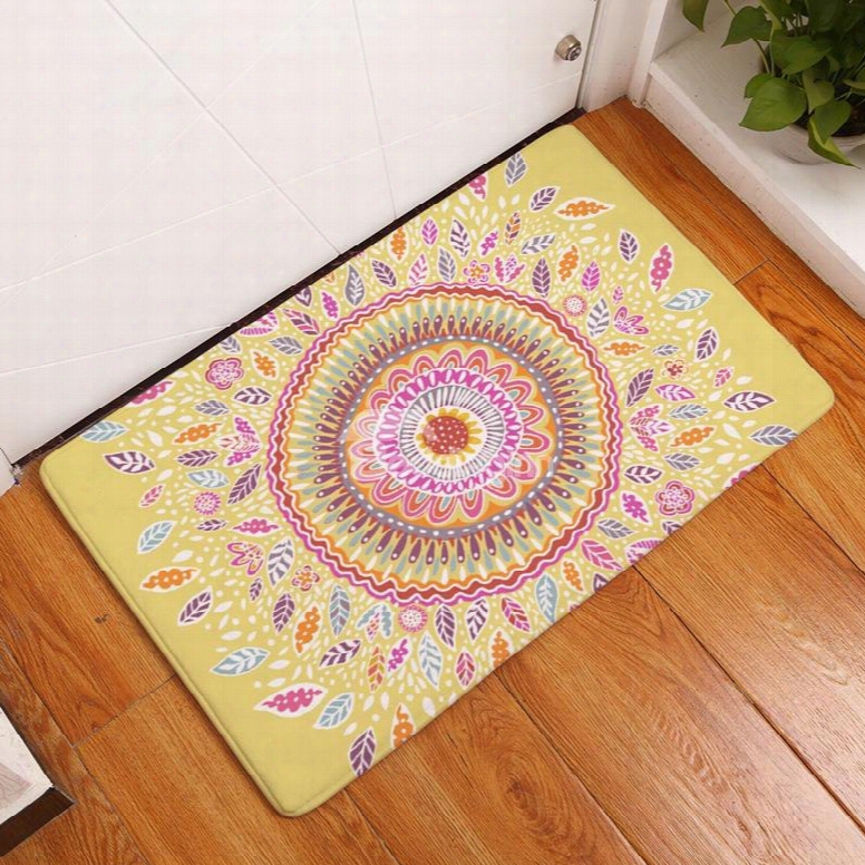16␔24in Flower Bohemian Style Flannel Water Absorption Soft And Nonslip Yellow Bath Rug/mat