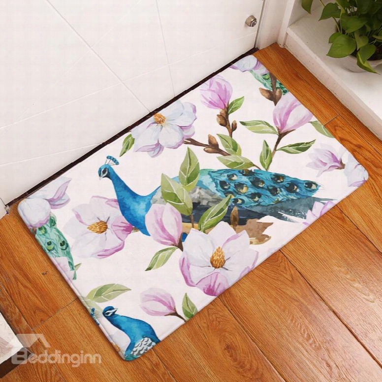 16␔24in Peacock And Pink Flowers Flannel Water Absorption Soft And Nonslip Bath Rug/mat