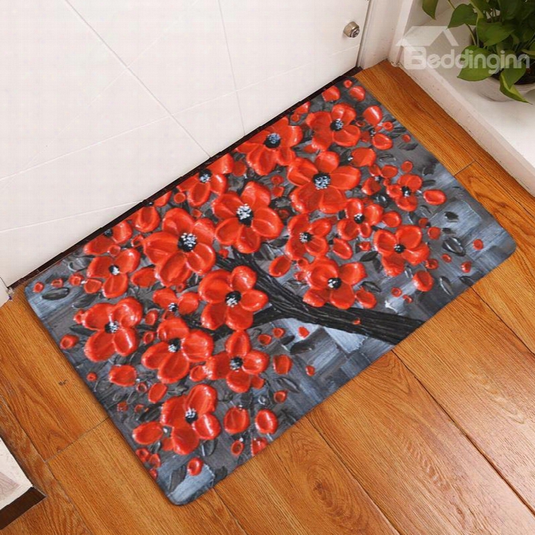 16ãƒâ�”24in Red Flowers Flannel Water Absorption Civil And Nonslip Black Bath Rug/mat